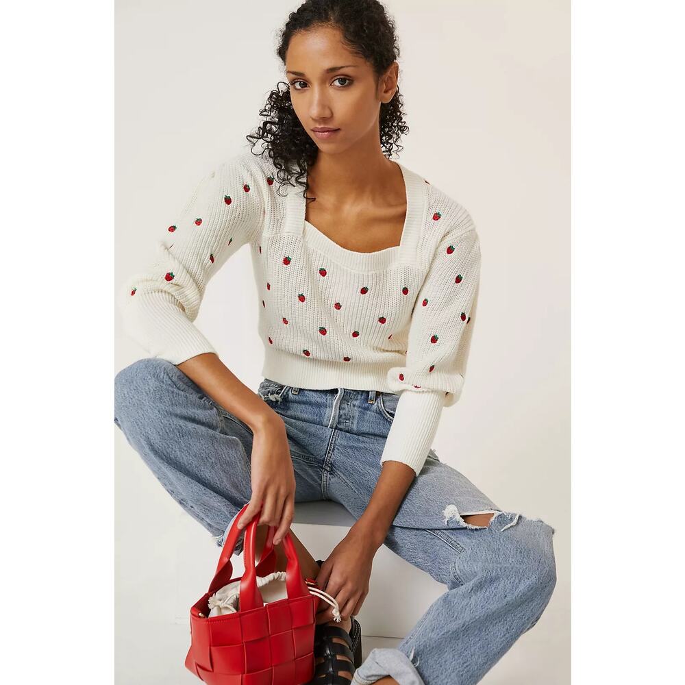 Maeve Anthropologie Strawberry Embroidered Sweater